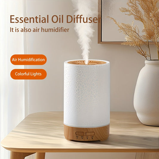 1pc Soundwave technology Humidifier with 150ml capacity, adjustable 7-color light, crack appearance design, available in white, light wood grain, and dark wood grain. USB powered and can be set to mute. Suitable for desktop, living room, office, hotel