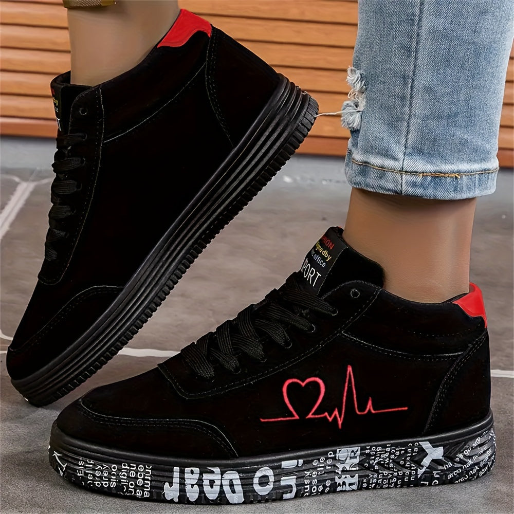 Red high-top skate sneakers for women with heartbeat design, rubber sole, fabric lining, perfect for all seasons outdoor casual wear.