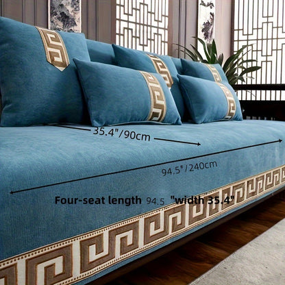 Modern Chenille Sofa Cover with Geometric Jacquard Design - Pet friendly, machine washable, non-slip, easy to clean. Fits armchairs to 4-seater sectional sofas. Made with soft polyester and features lace craftsmanship and active printing.