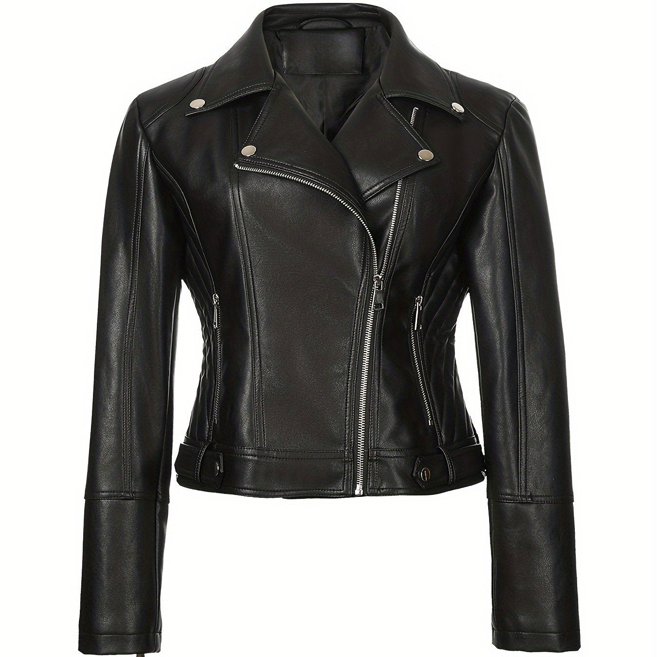 Plus-size black PU leather moto jacket with long sleeves, zip-up front, and buttoned cuffs for versatile fall/winter style.