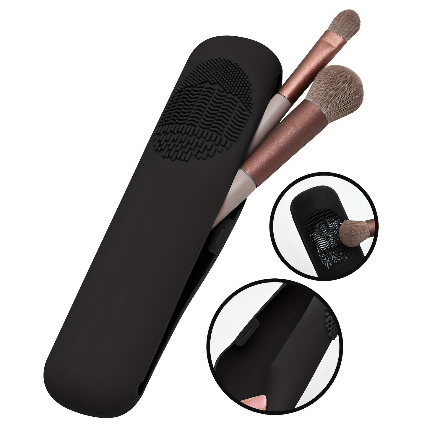 Travel makeup brush holder in beige silicone with magnetic closure; waterproof, anti-fall design for adult makeup tools organization.