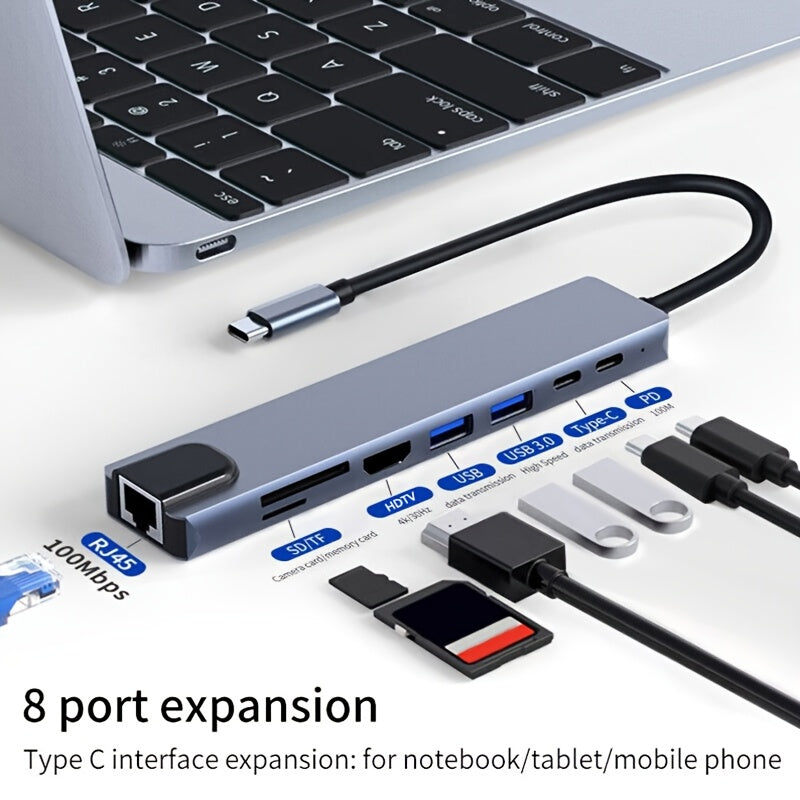 Compact USB-C Hub with 8 functions including 4K HDTV, Ethernet, USB 3.0, PD Fast Charge & SD/TF Card Reader - Compatible with MacBook Pro/Air, iPad Pro, XPS, and Compact Desk.