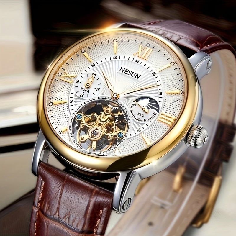 Nesun men's mechanical watch with luminous design and hollow style, perfect for business gentlemen. This fully automatic watch doesn't require a battery and makes a great gift for men.