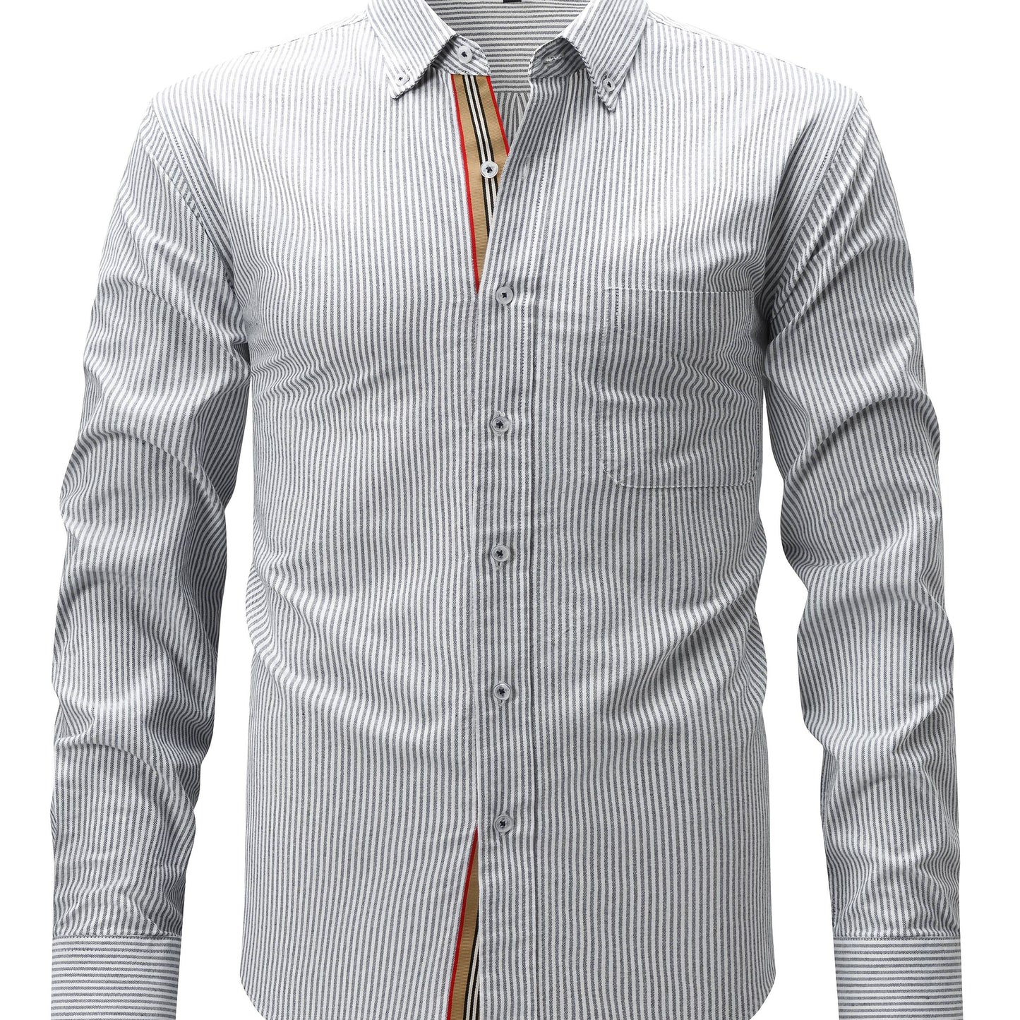 Vintage-inspired men's cotton oxford shirt with striped collar, long sleeves, and chest pocket. Non-stretch, button-up style perfect for fall 2024. Luxury plaid design, versatile for men.