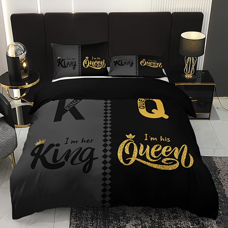 Black and grey duvet cover set featuring crown lettering design, including 1 duvet cover and 2 pillowcases. High definition printing for home and dorm decor, comforter not included.