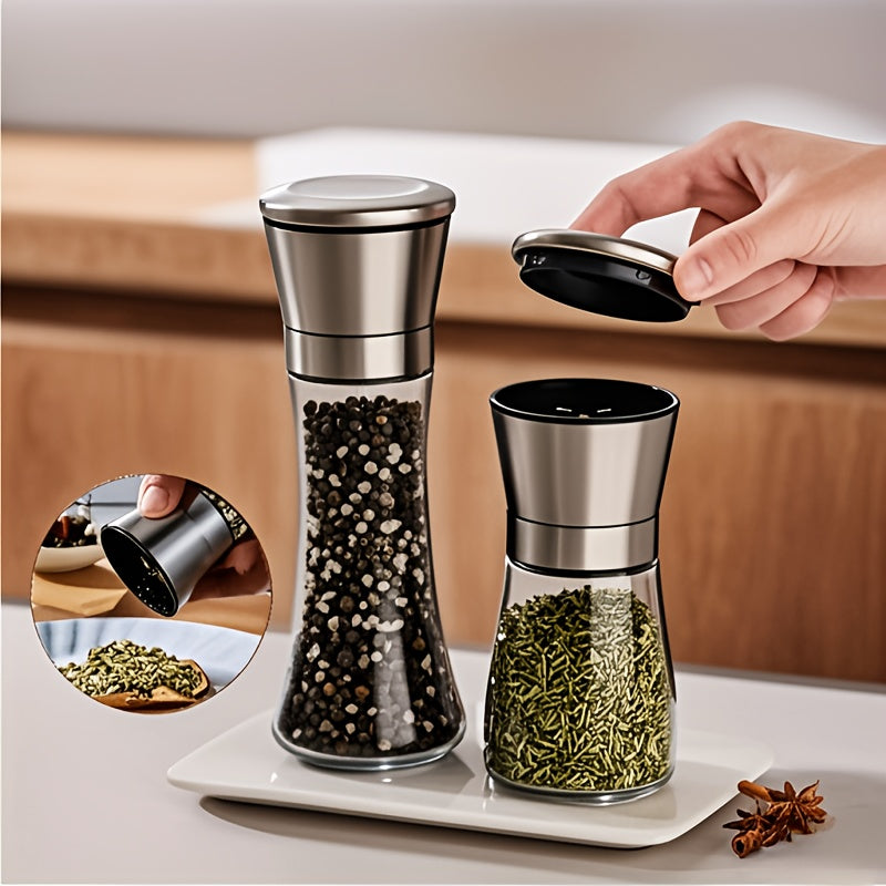 This ceramic core spice grinder is portable and versatile, featuring stainless steel grinder for salt and pepper. Made from durable glass, it is compatible with both regular salt and sea salt, perfect for kitchen, outdoor activities, and home use. Ideal