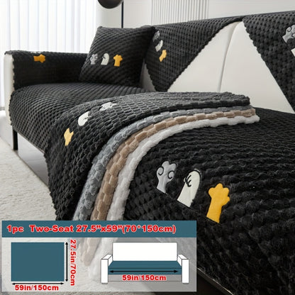 Modern honeycomb fleece sofa cover with embroidered design, pet-friendly protection for furniture, plush slipcover for various sofas. One-piece design with anti-slip backing for home and office decor.