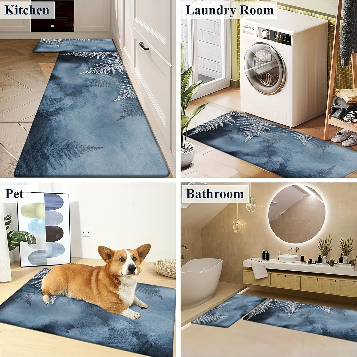 Set of 2 printed kitchen rugs and mats that are thickened, non-slip, and machine washable. These absorbent floor mats are made of top-quality polyester soft carpet, making them family and pet friendly. Perfect for use in the bedroom, laundry room