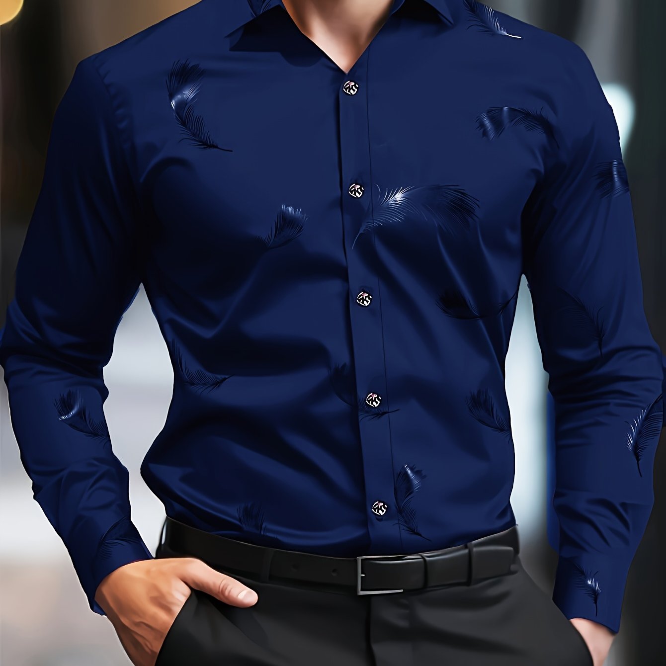 Men's elegant long sleeve shirt with golden feather print, 100% polyester, lapel collar, button details, skinny fit, all-season woven shirting, formal attire, modern tailored fit, durable