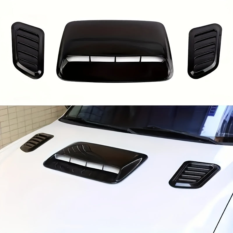 Set of 3 car hood ventilation scoops with polished plastic air outlet, front engine hood spoiler design kit for automotive exterior modification.