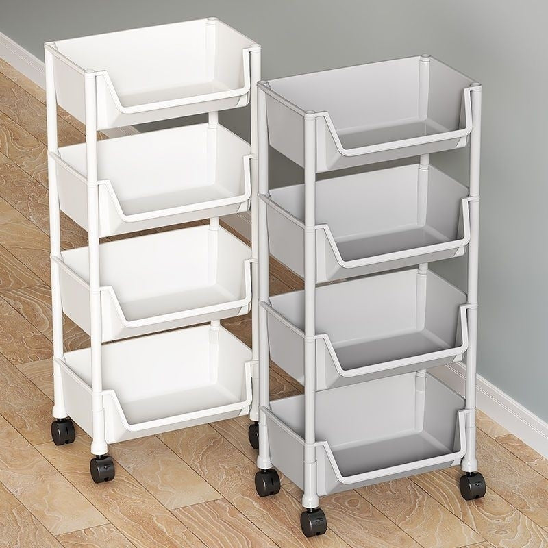 Multi-layer trolley shelf for floor-to-ceiling storage of snacks, fruits, vegetables, and books. Made of durable plastic, no batteries needed.