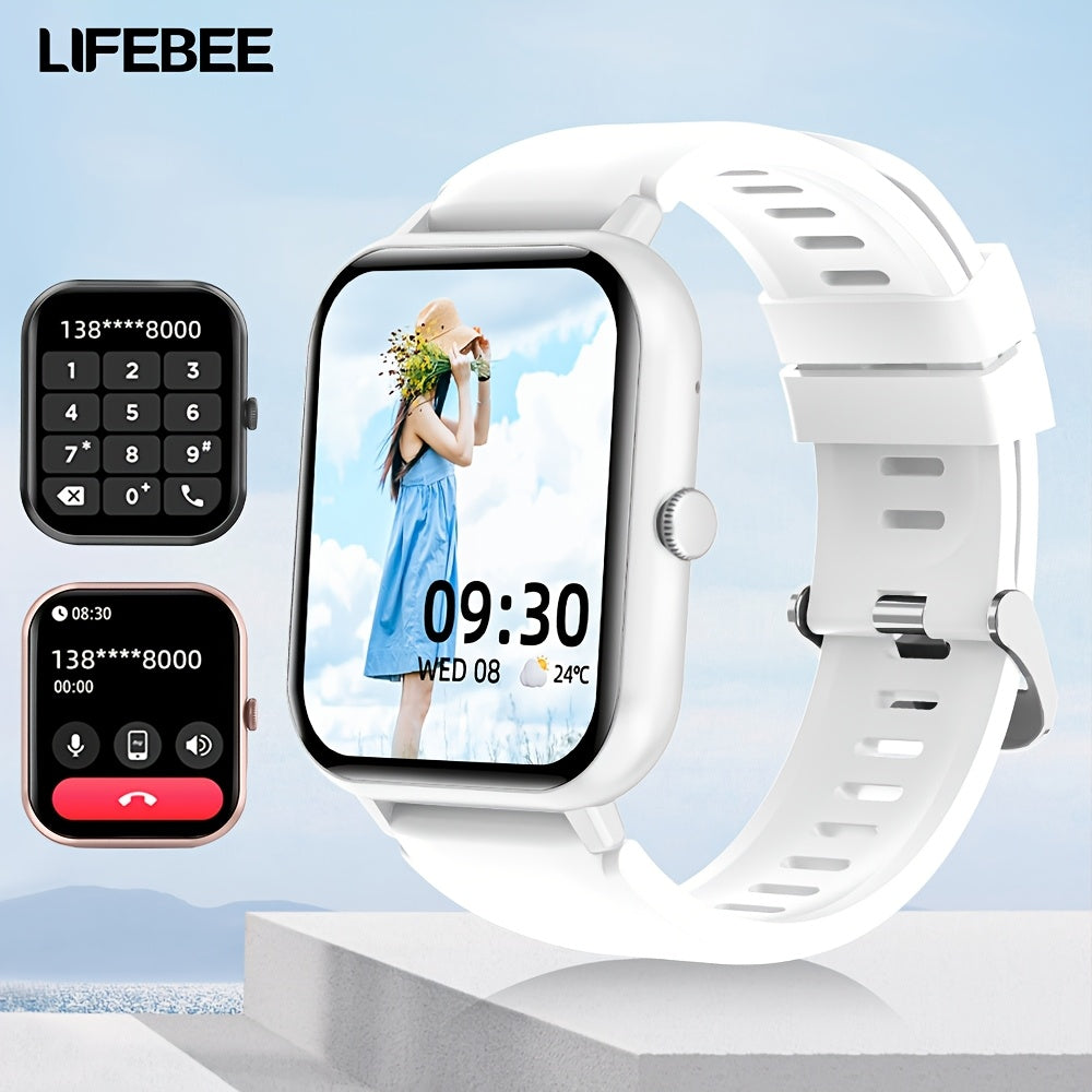 LifeBee Smartwatch: Full screen, call function, 100+ exercise modes, pedometer, calorie tracker, rechargeable, black & pink colors.