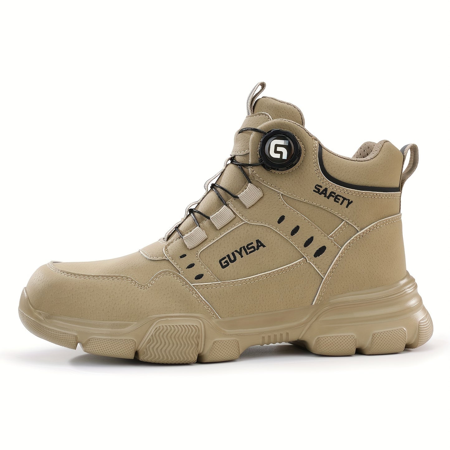 High-top khaki safety shoes for men with steel toe, anti-smash, and anti-puncture features. Durable and comfortable construction boots with smart buckle, suitable for all seasons.