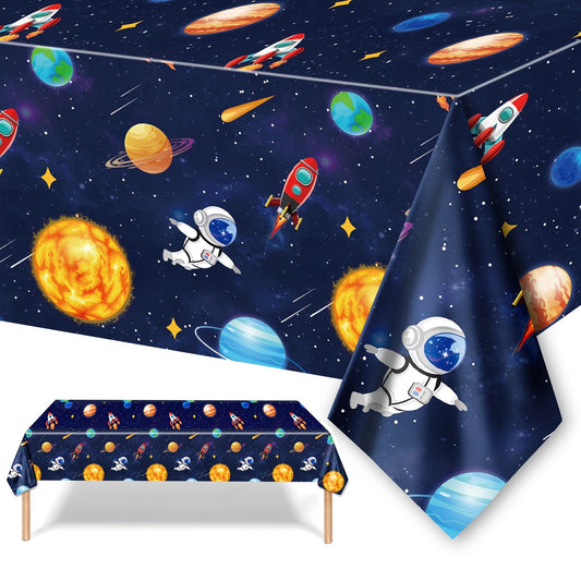 Disposable table cover with astronaut and planets design, ideal for space-themed parties. Made from plastic with a rectangular shape.