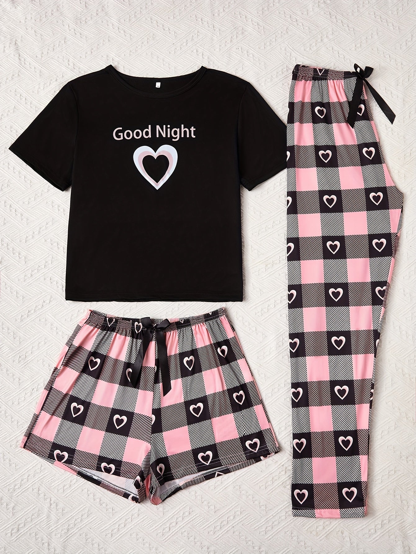 3-piece pajama set with romantic love print top, plaid shorts, and long pants with bow decoration.