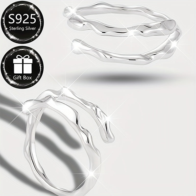 Adjustable open ring made of high-quality S925 sterling silver with an elegant and simple irregular double-layer design. This versatile piece is perfect for both daily wear and special occasions, making it a timeless addition to your jewelry collection.