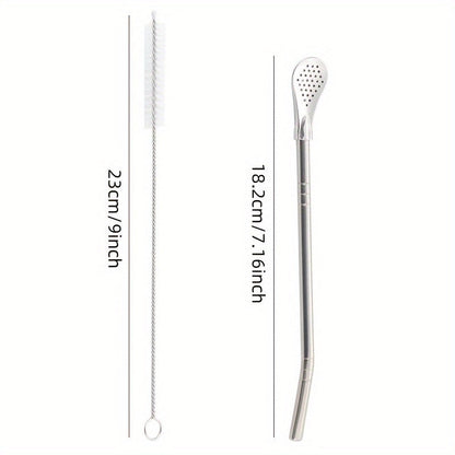 Set of 3 stainless steel straws with spoons, including a stirring spoon, detachable cleaning straw, juice milk tea filtering straw, and straw brush. These drinkware accessories are essential kitchen supplies.