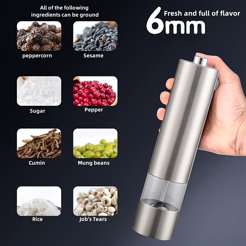 One-Handed Battery-Powered Electric Spice Grinder - Adjustable Stainless Steel Pepper & Salt Mill with LED Light, Perfect for Kitchen and Dining