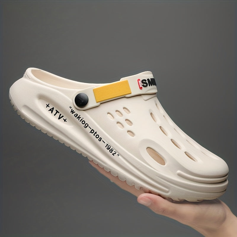 Men's trendy EVA clogs with alphabet design, breathable, slip-on garden shoes featuring secure yellow strap and "SMN WALKING PROS" insole for outdoor comfort.