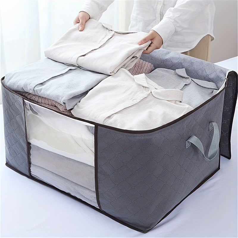 Large capacity storage bags with clear windows, made from contemporary canvas material and featuring reinforced handles and sturdy zippers - perfect for organizing your closet and bedroom accessories. Sold in a pack of 1.