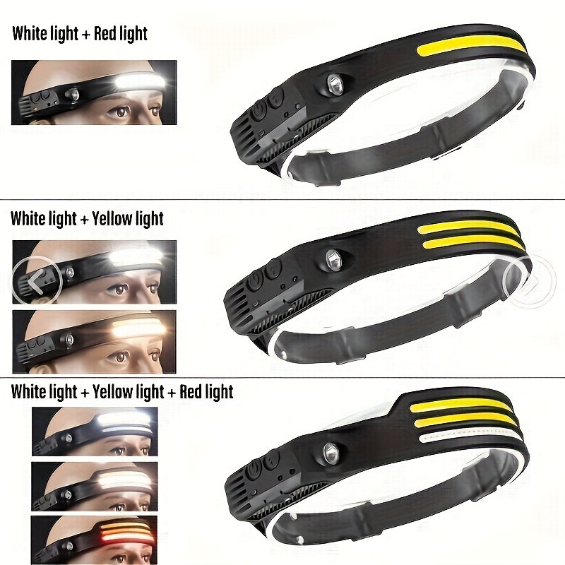 USB rechargeable LED headlamp with motion sensor, ideal for outdoor activities like camping, hiking, running, and fishing.