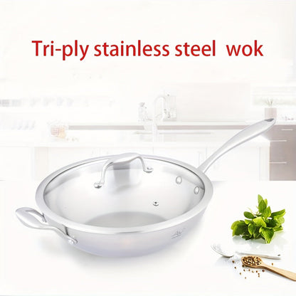 Upgrade your kitchenware with the top-quality Premium Tri-Ply Stainless Steel Wok featuring a convenient Glass Lid. This versatile fry pan is suitable for gas and induction cooking, making it a perfect addition to any home kitchen, especially during the