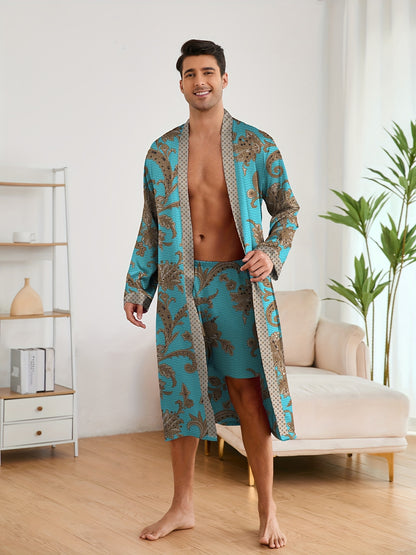 Men's elegant and light luxury pajama set with stylish floral print, featuring a V-neck long sleeve robe and shorts for home wear.