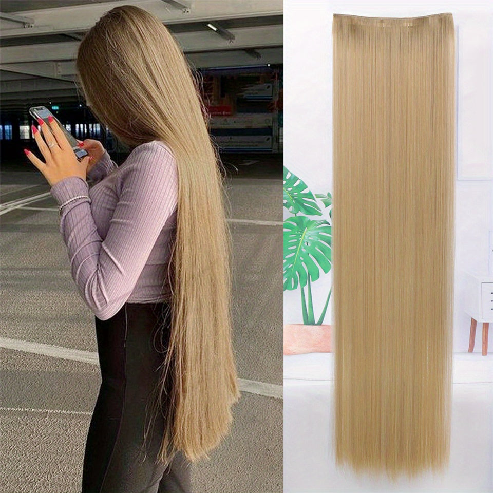 Long synthetic clip-in hair extensions for full head volume and length, easy to wear.