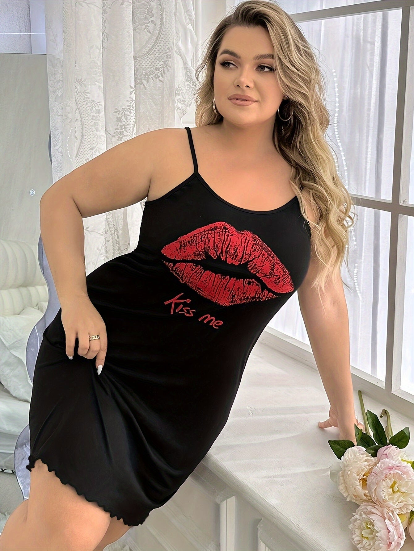 Casual cartoon print camisole dress for plus-size women, perfect for lounging at home or outdoor wear.