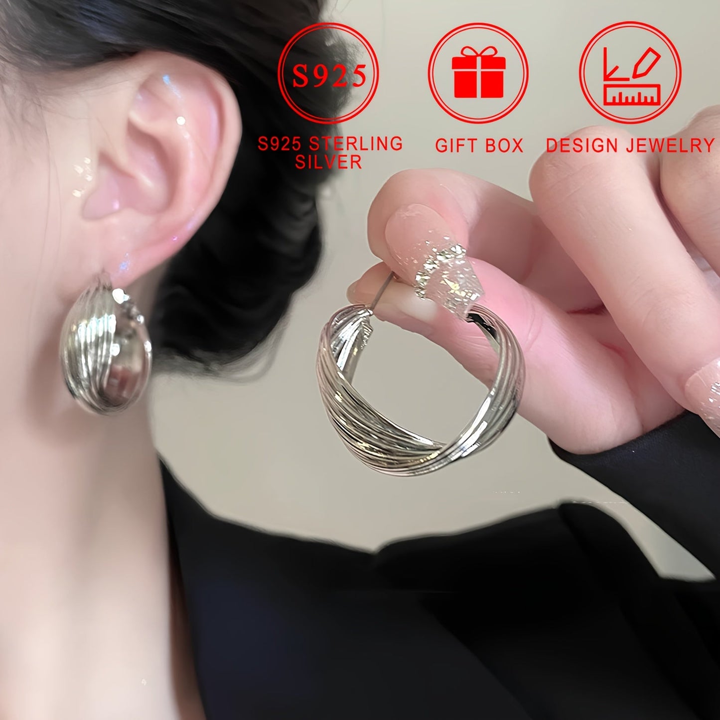 S925 Pure Silver Women's Large Earrings, 8.5g, with Low Allergy Electroplated 18K Gold Plating. Features European and American Classic Geometric Design. Perfect for Daily Wear, Parties, and Holiday Gifts. Comes in a Gift Box.