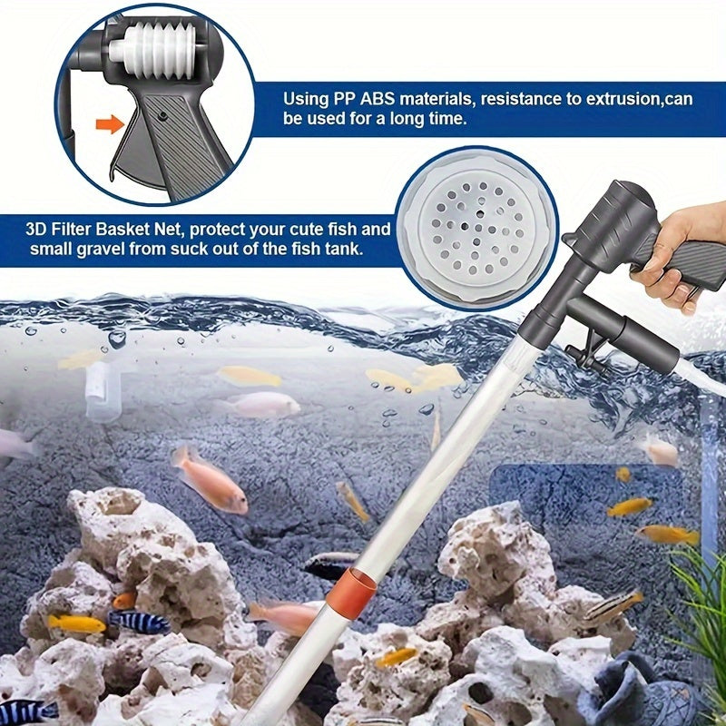 Aquarium gravel vacuum cleaner with adjustable water flow and easy siphon for fish tank maintenance, cleaning, and water changes. Features air push button.