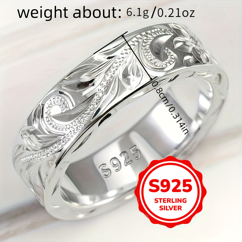 Vintage Bohemian wide ring with carved leaf flower design in S925 pure silver, a exquisite gift.