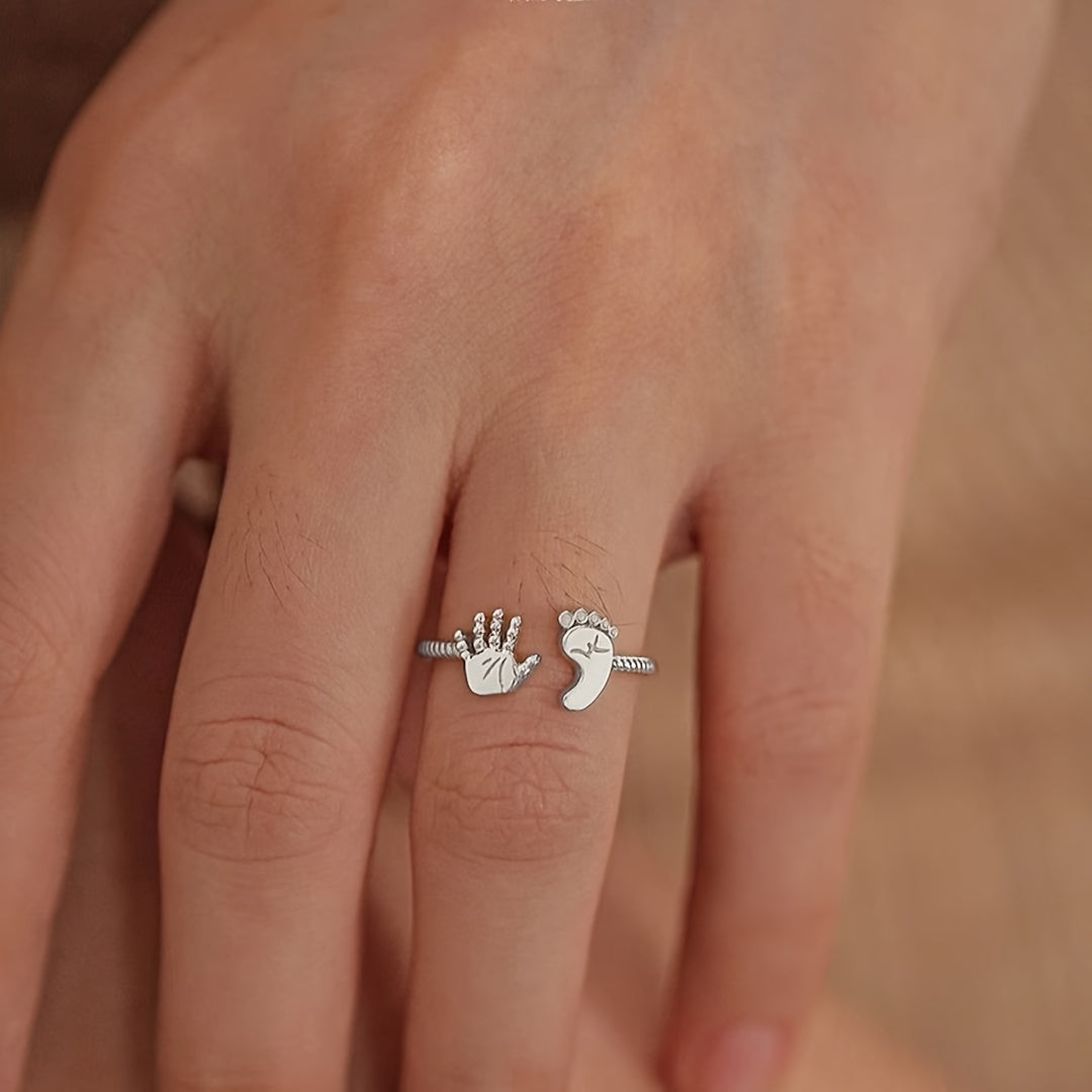 Vintage style adjustable open ring with disconnected cute palms and feet design made of 925 sterling silver, perfect for Mother's Day gifts for women. Comes with an elegant gift box.