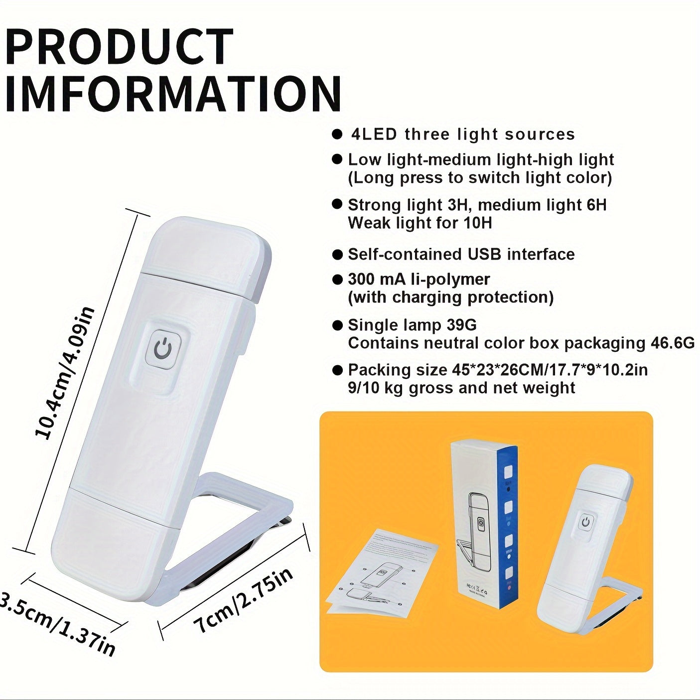 USB rechargeable book light with clip-on design, lithium battery, push button control, downlight, wall mountable, eye-care features.