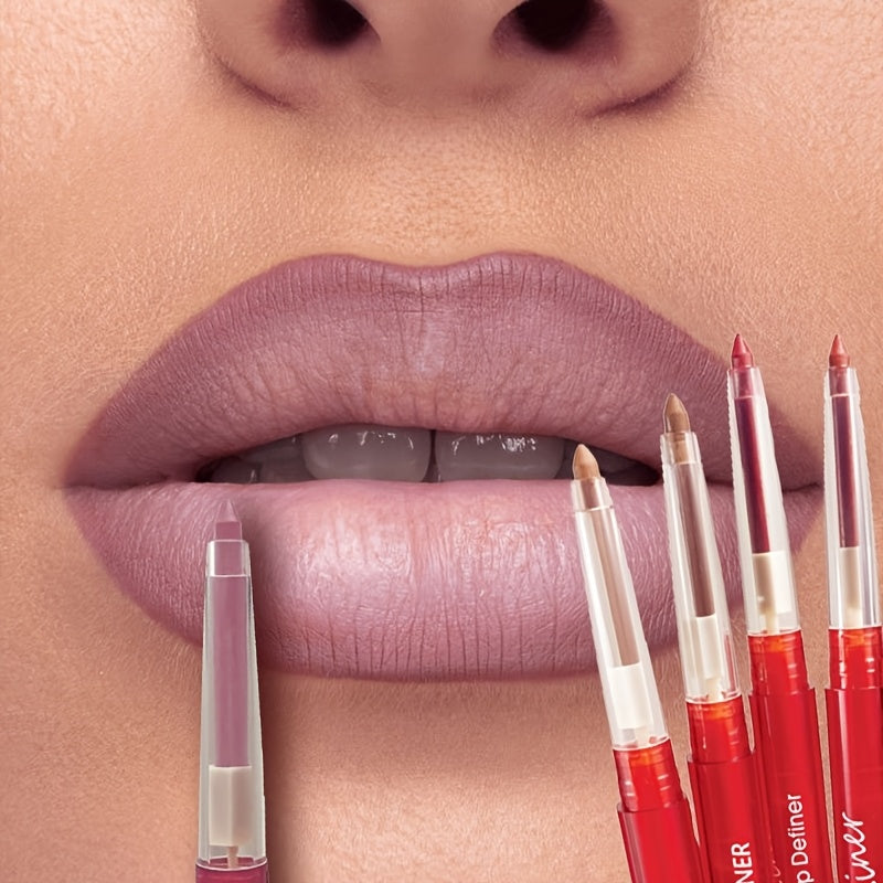 Waterproof long-lasting matte lip liner and lipstick pencil for nude pink and purple lips, doubles as a lip tint and cosmetic crayon stick.