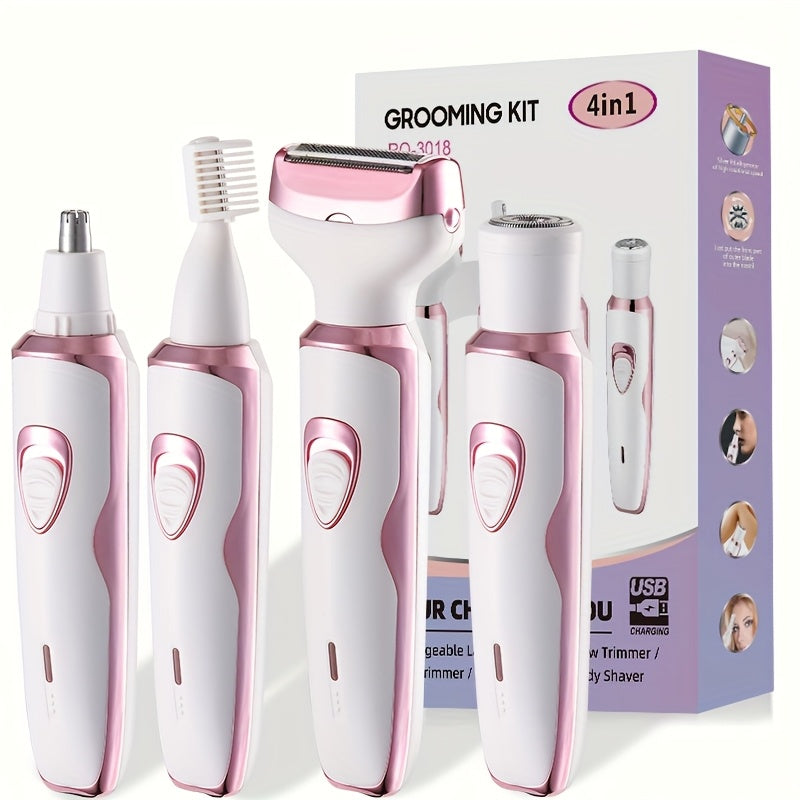 Women's electric razor kit with 4 functions: face, nose, legs, and bikini area shaving. USB rechargeable, painless design, suitable for wet/dry use. Portable with 500mAh lithium battery.