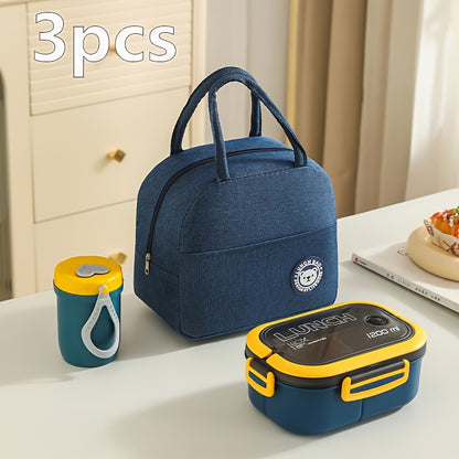 Three-piece set of versatile lunch bags with inner compartments and storage pouches, perfect for school, work, picnics and camping.