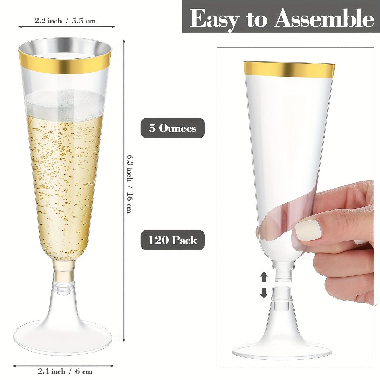 25 pieces of 5-ounce plastic champagne flutes in a shiny gold color. These disposable glasses are perfect for cocktails at parties, bars, picnics, weddings, anniversaries, birthdays, or any other special occasion. Complete your party supplies with these