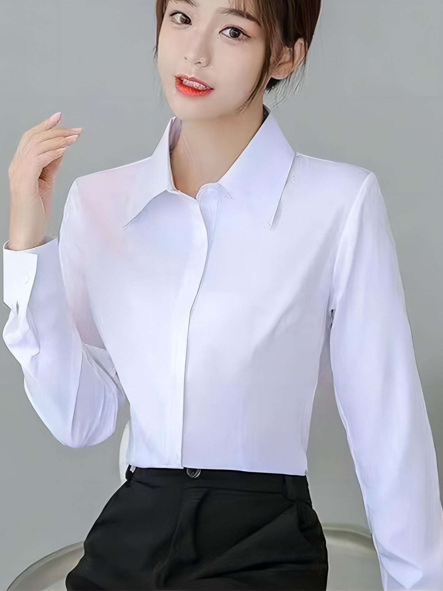 Solid color button front shirt with business formal cuff sleeve, perfect for work and office wear.