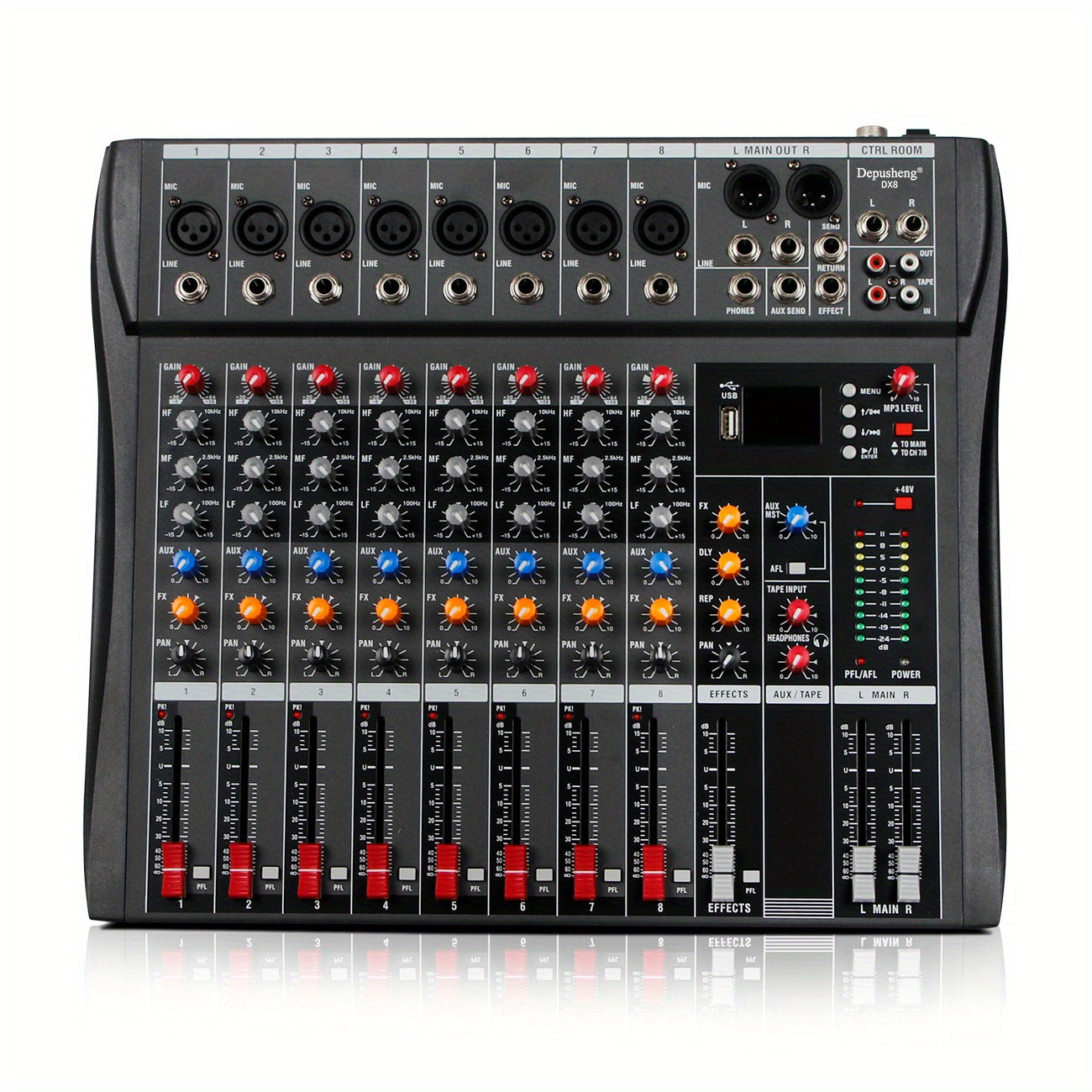 Depusheng 8/12 Channel Audio Mixer with USB, XLR Microphone Jack, 48V Power, RCA Input/Output, suitable for professionals and beginners (EU PLUG).