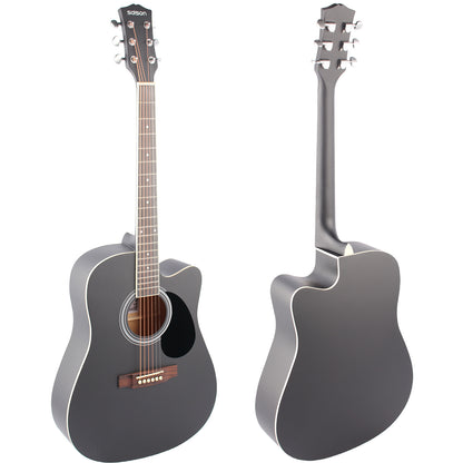 41-inch all mahogany black folk guitar with matte finish, enclosed tuners, tech wood fingerboard, rosewood bridge, black pickguard, includes black gig bag, picks, strap. Eid Al-Adha Mubarak.