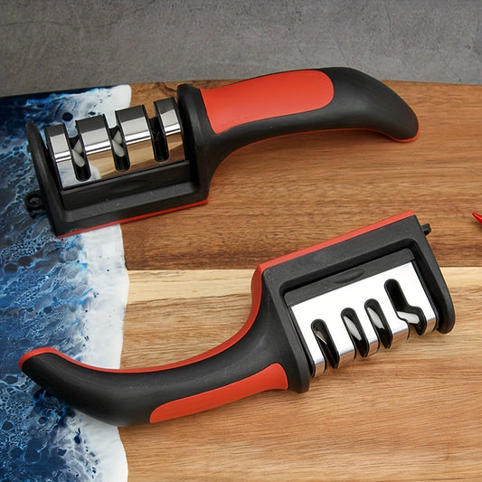 Portable 4-in-1 knife sharpener for kitchen and outdoor use, no power required.