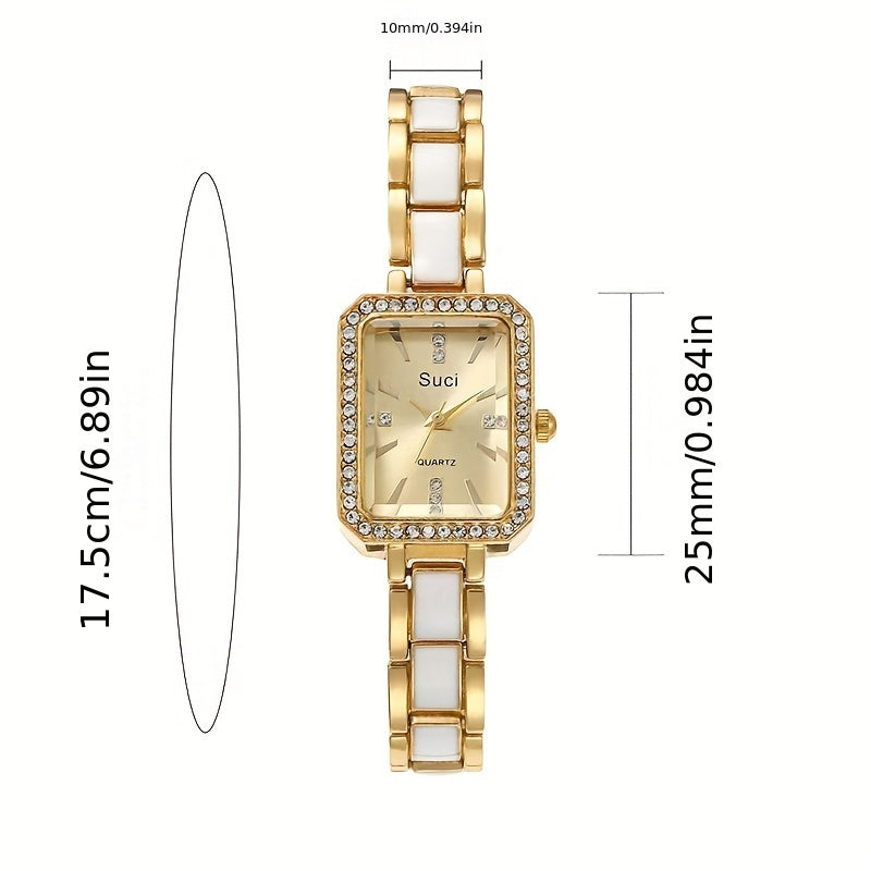 Chic square crystal luxury women's watch with minimalist design, quartz movement, zinc alloy strap, ideal Ramadan gift.