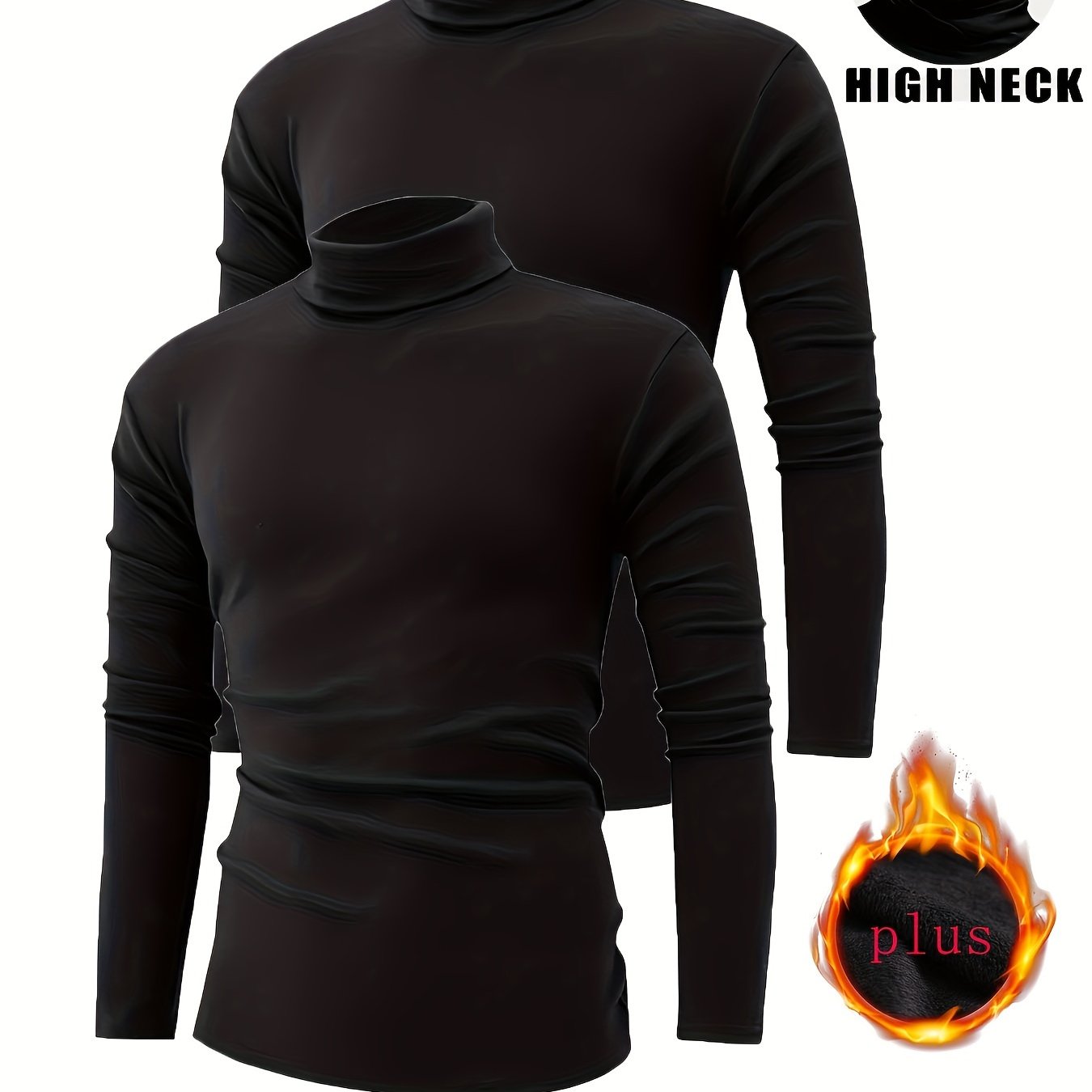 2 Men's Thermal Turtleneck Tops, Fleece Lined for Running and Workout - Fall/Winter Base Tops