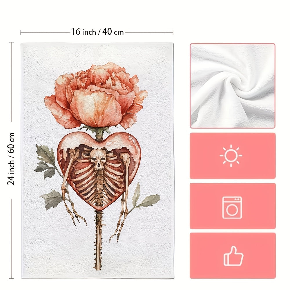 Set of 2 Ultra Soft Kitchen Towels featuring a Valentine's Day Skeleton Heart and Floral design. These towels are highly absorbent, machine washable, and measure 40.64x60.96 cm. They are perfect for holiday decor and Valentine's Day essentials, with a