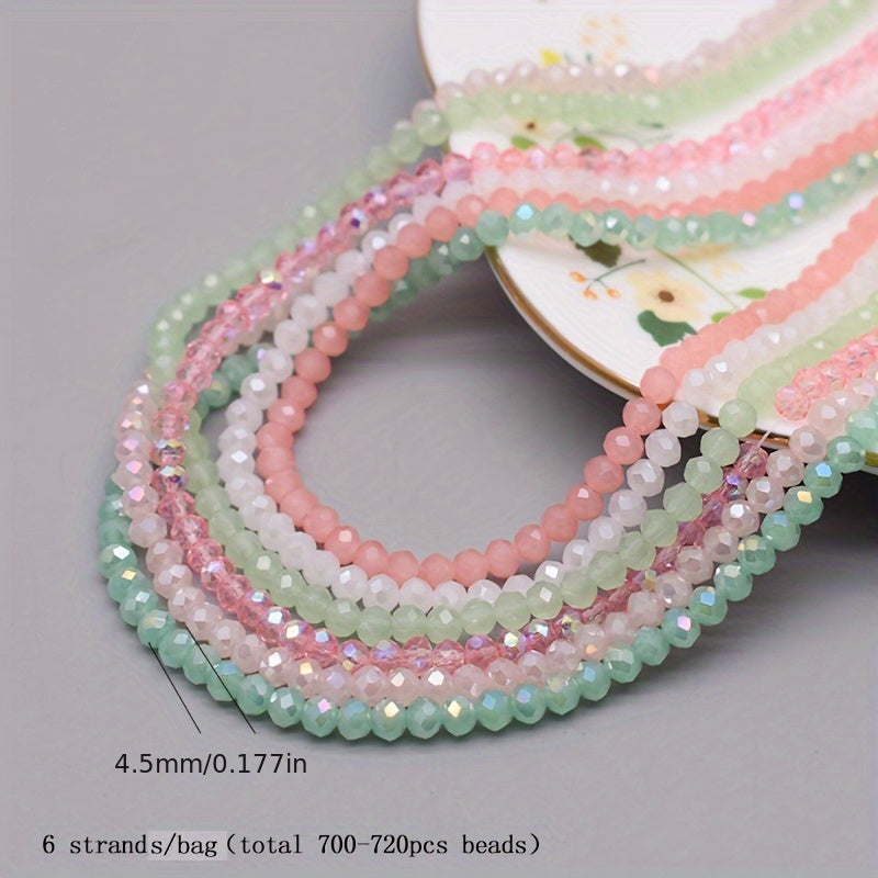 720 pieces of faceted glass rondelle beads measuring 4mm each, sold in a convenient bag. Perfect for crafting jewelry, DIY projects, and adding embellishments to clothing items such as necklaces, bracelets, and more.