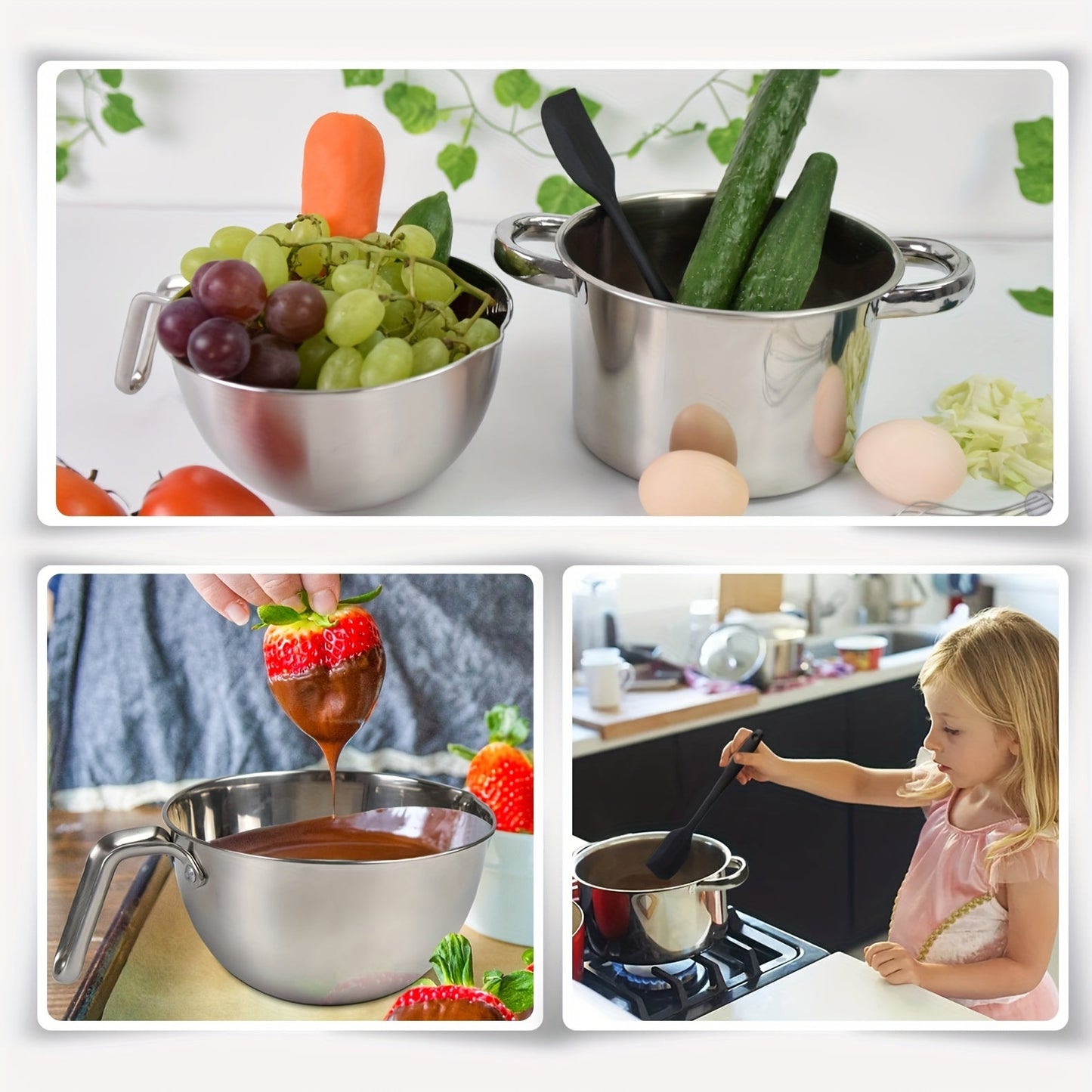 Get two pots for melting different substances: a 1250ML/1.1QT mixing bowl for chocolate and a 2200ML/2QT 304 stainless steel pot with a silicone spatula for melting chocolate, candy, candles, soap, wax, and other cookware needs.