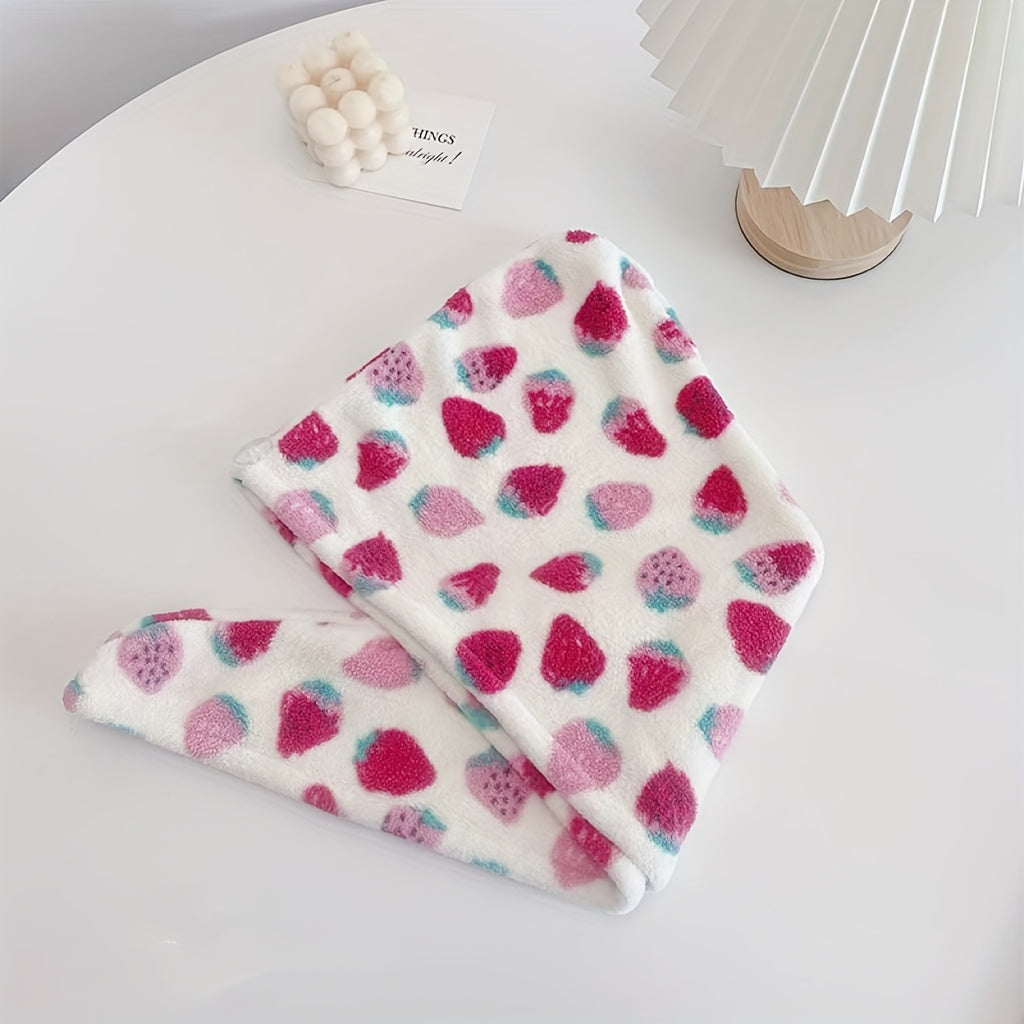 1pc Ultra-absorbent Strawberry Pattern Hair Drying Cap for Women made of soft coral fleece material. Specifically designed for quick-drying and frizz control, also doubles as a cute bathroom accessory.