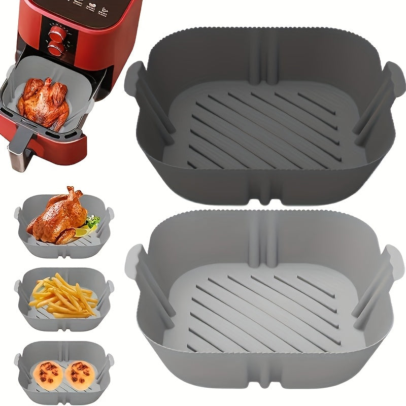 Two-piece set of reusable silicone air fryer liners for healthy cooking, featuring non-stick properties for easy baking.