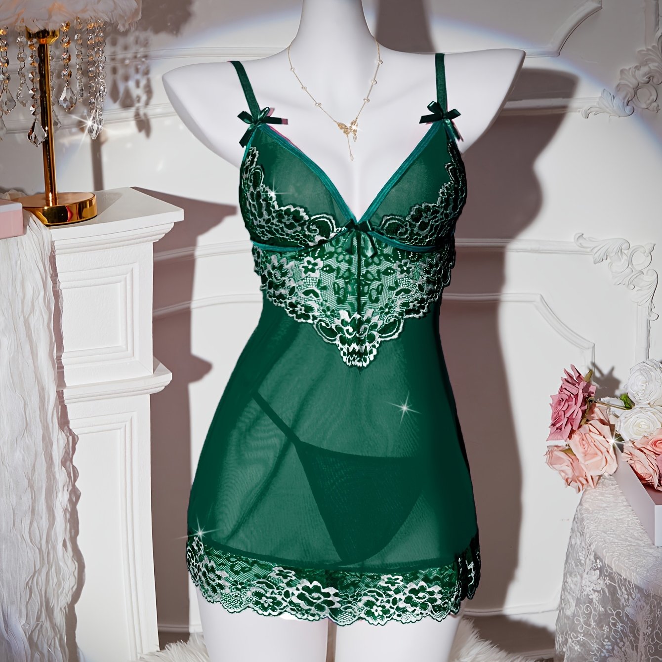 Set includes seductive pajama set with lace patchwork, V-neck nightgown, and thong.